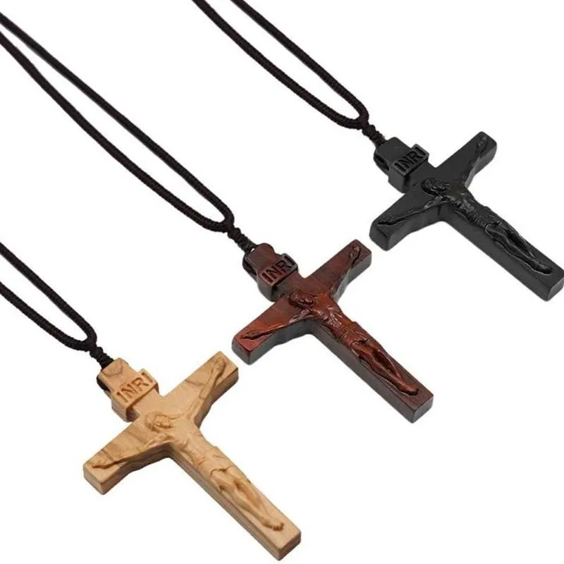 Jesus Cross Wooden Necklace,Wood Cross Necklace,Christian Catholic Jesus Crucifix Necklace for Men Women