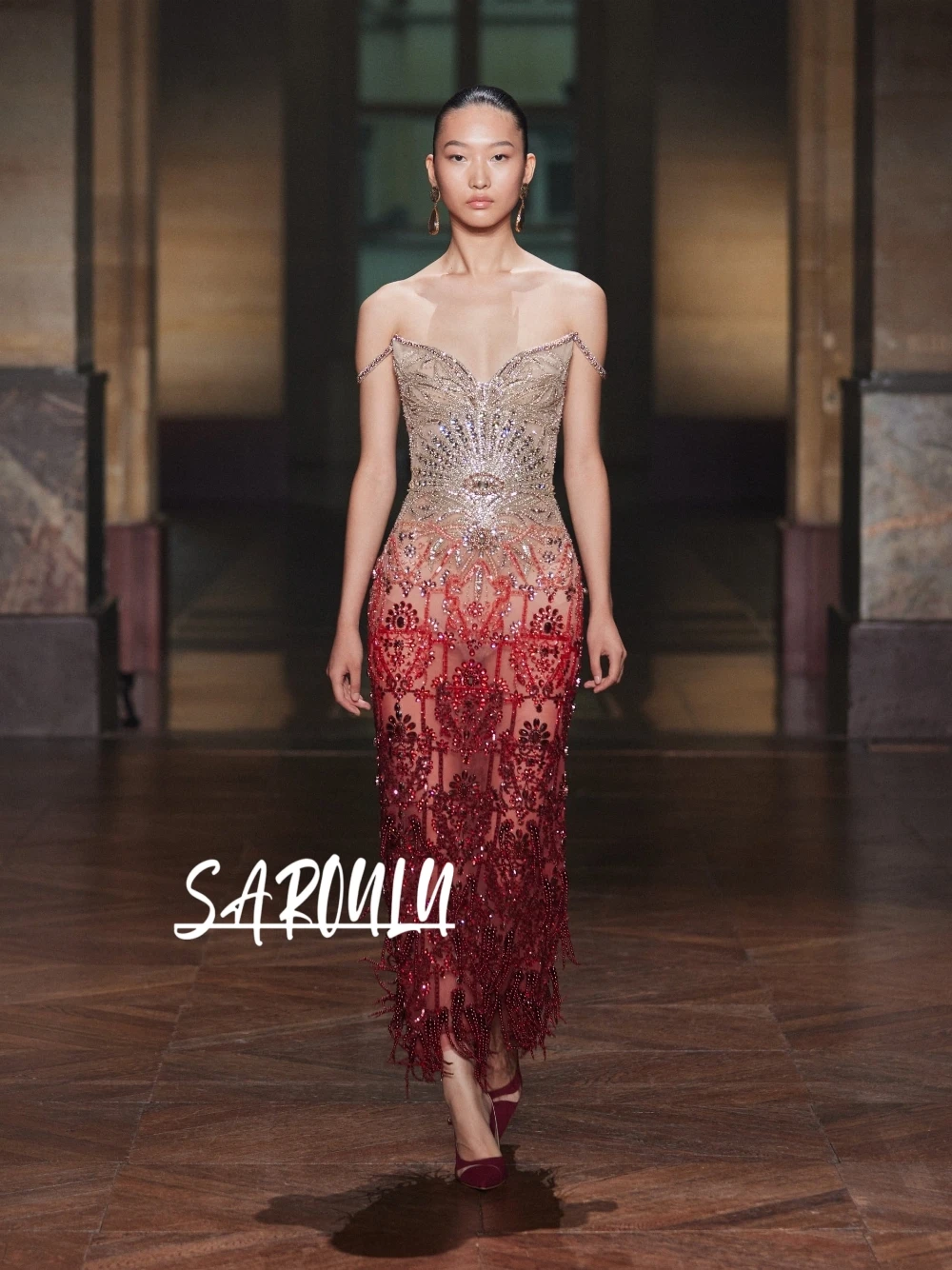 Luxury Gradient Red Champagne Evening Dress Heavy Beaded Sheer Fringe Delicate Prom Gown Customized Illusion Sparkly Wear