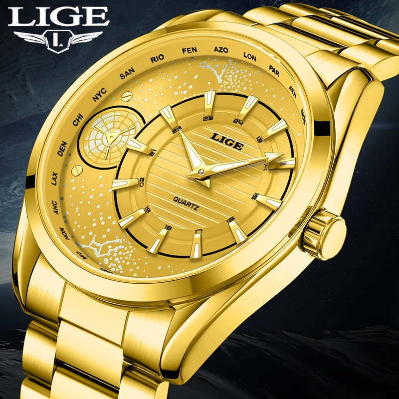 

LIGE New Gold Globe Big Dial Watch Men Fashion Luminous Sports Men's Watches Waterproof Stainless Steel Quartz Chronograph Male
