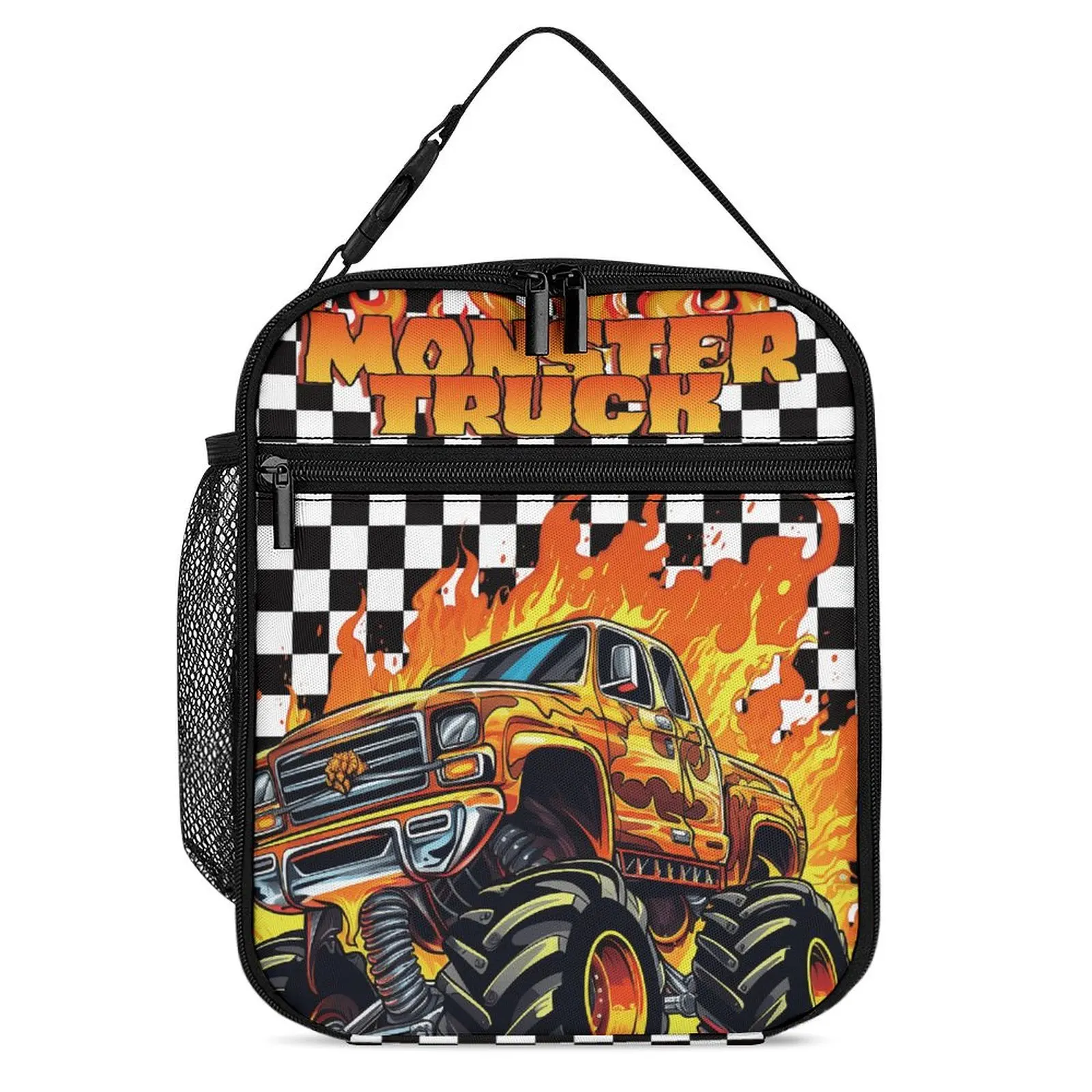 Monster Truck Insulated Lunch Bag Cooler with Vibrant Flame Design Durable Polyester, Black Orange Checkered Pattern