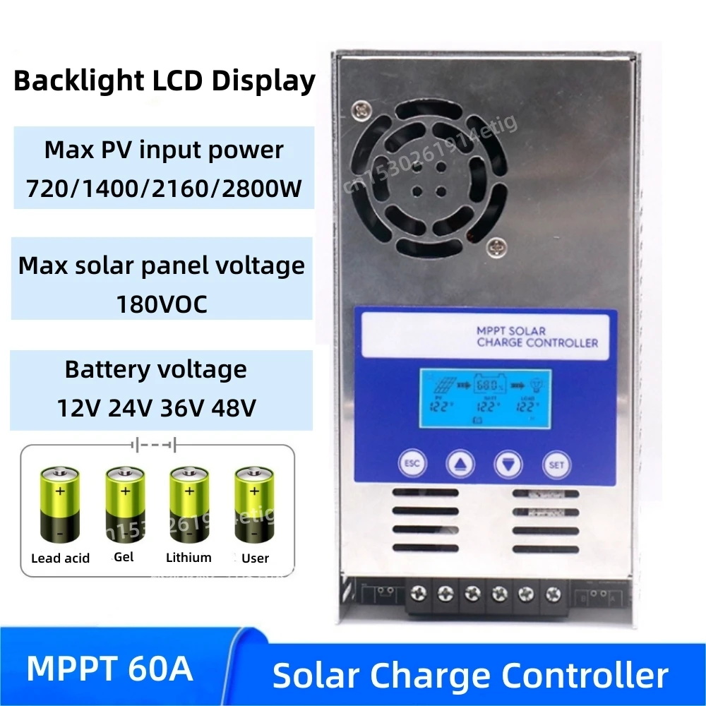 

60A MPPT Solar Charge Controller 12V 24V 36V 48V Solar Panel Regulator For Lithium/Lead Acid/Sealed/Flooded/Gel Battery