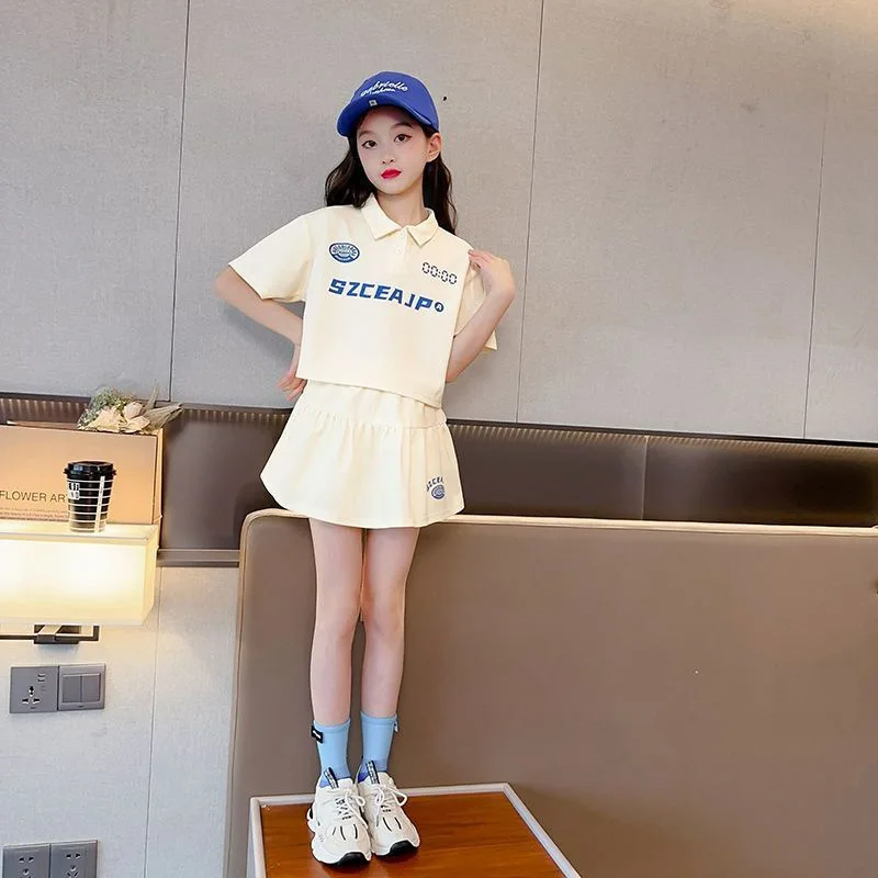 Girls Teenagers Clothing Summer Polo Shirt Set, Simple and Fashionable Lapel T-shirt +splicing Skirt Two-piece Set for Home Wear