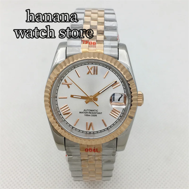 BLIGER 36mm 39mm Fluted Bezel NH35A Automatic Men Watch White Dial Rose Roman Index Sapphire Two Tone Rose Gold Jubille Bracelet