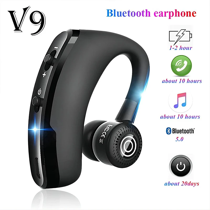 V9 Bluetooth 5.0 Earphones Waterproof Business Ear Hook Headphones Long Standby time Wireless Earphones for Driving Car HD Call