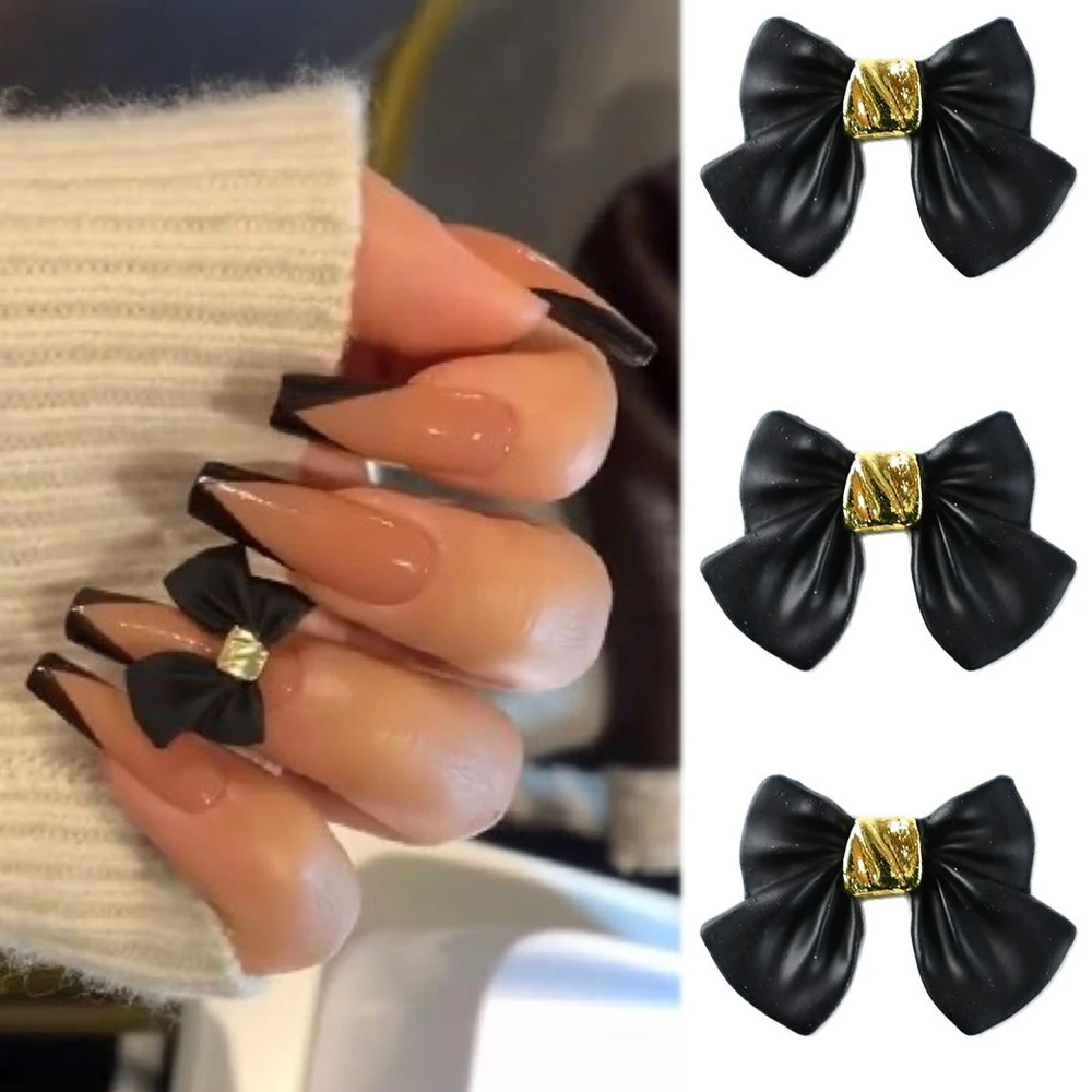 10Pcs Black Metal Bowknot Alloy Nails Charms 12*15.5mm Ribbon Bow Jewelry DIY Korean Parts Manicure Rhinestones Accessoiry-*T5-2