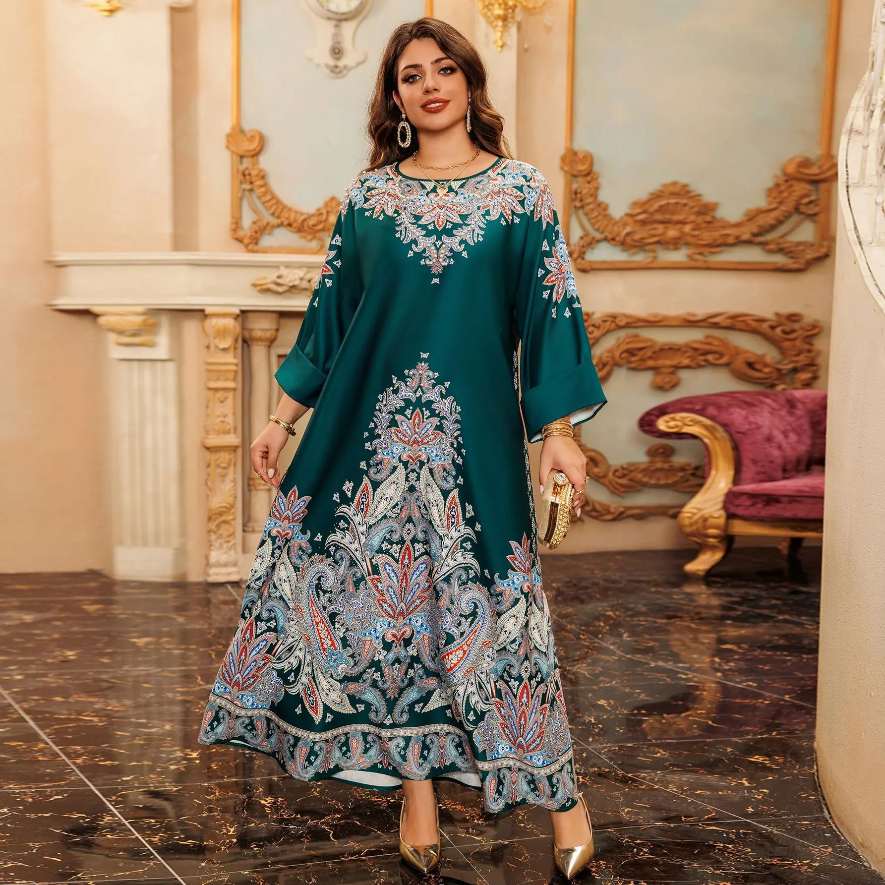 AB400 Muslim Fashion Dress Printed Positioning Flower Hot Diamond Women's Dress Robe