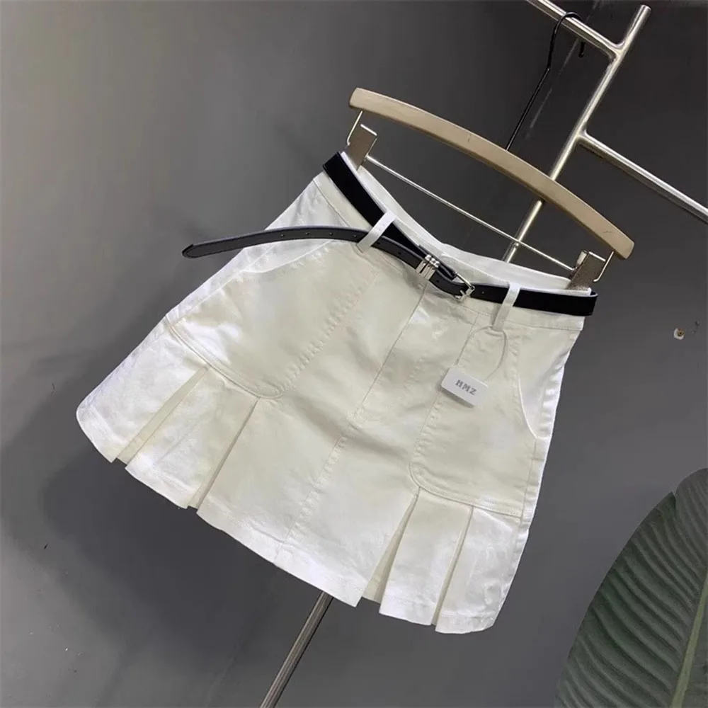 Hot Sale White Denim Skirt High Waist Pleated Skirt Solid Color High Waist Mini Denim Skirt  Fashion Women's Above-Knee Skirts