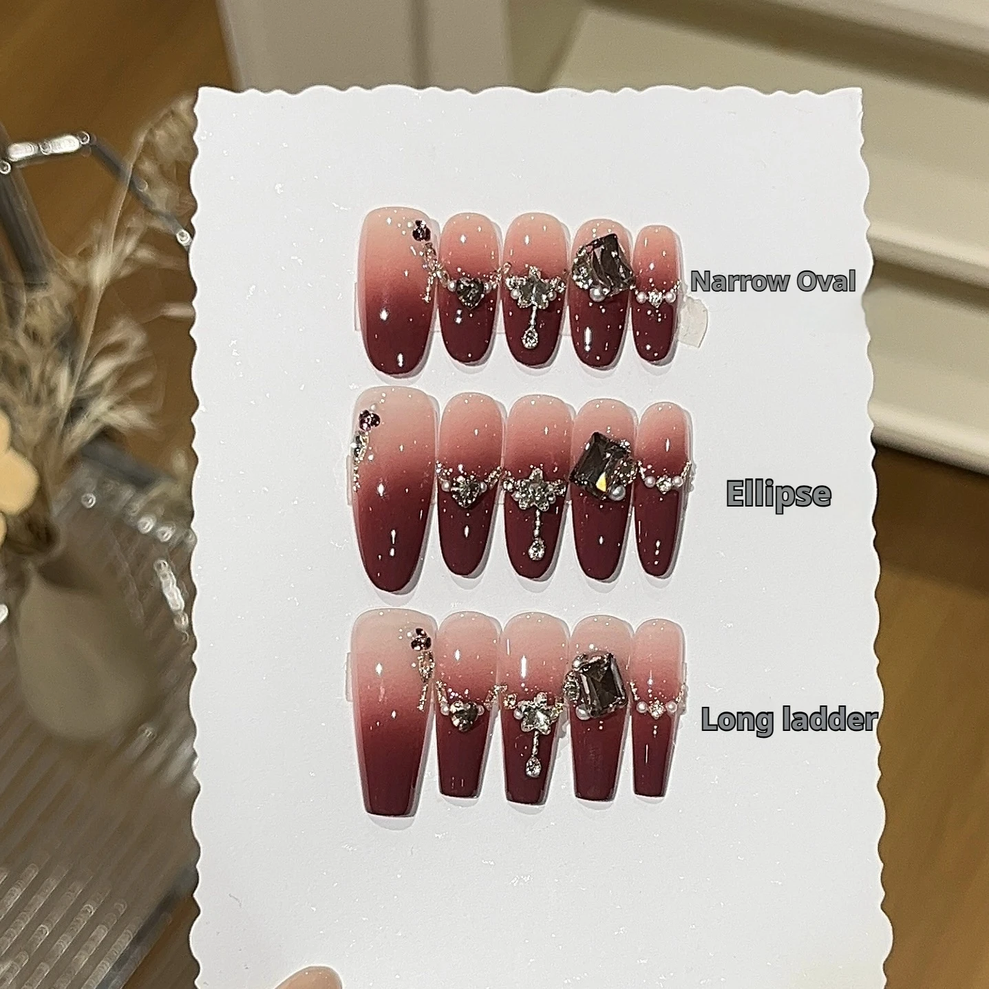 

Rose Hand-Wearing Nail Red Gradient Diamond Snowflake Art Artificial Nail Metal Butterfly Handmade Wearable Nail Birthday Presen