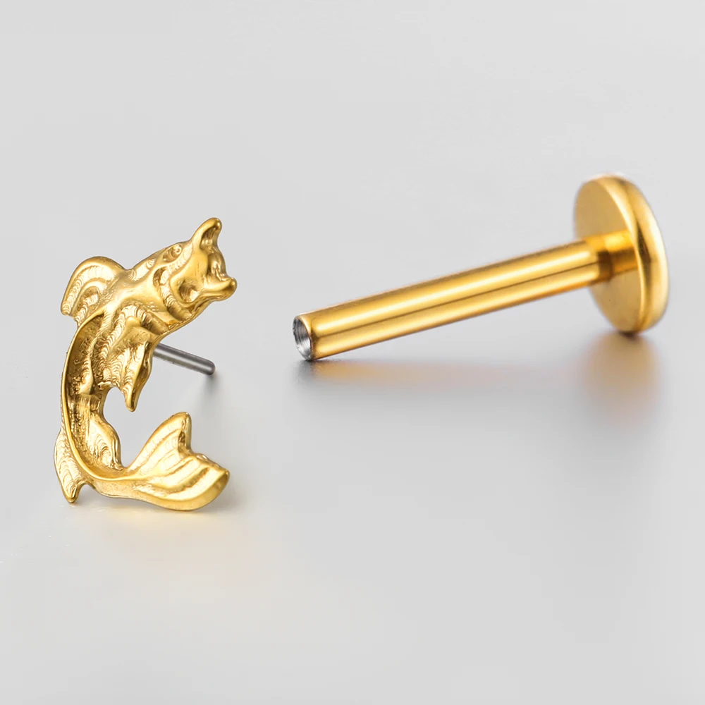 Casvort 1 Stück ASTM F136 Titan Koi-Fisch Labret Piercing Lippen-Nasenring Flacher Ohrstecker Gewindeloser Helix Conch Schmuck – Detail 8