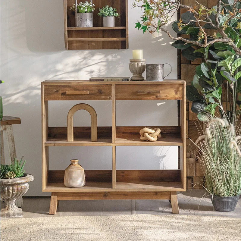 

American retro solid wood and old pine checkered cabinets, living room wall mounted storage cabinets