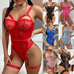 PYL Sexy Lingeries Women's Pajamas Ladies Lace Bodysuit Garter LingerieSet Belt Babydoll Playsuit Nightwear Nightie Robe Rompers