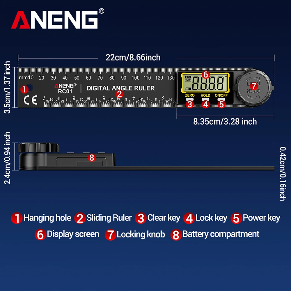 ANENG Hochpräzisions-360 ° Digitaler LCD-Winkelmesser, Winkelfinder, Holzbearbeitungswerkzeuge für Rauminspektion und -messung – Detail 21
