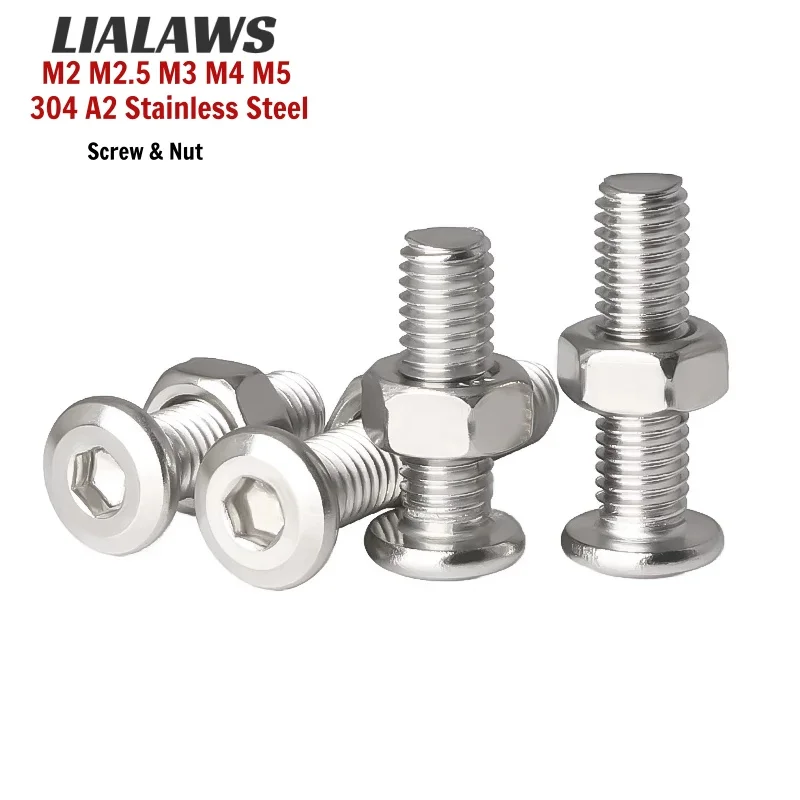 304 A2 Stainless Steel Chamfered Flat Head Hex Socket Furniture Screw & Nut Set M2 M2.5 M3 M4 M5 Wood Connecting Bolts