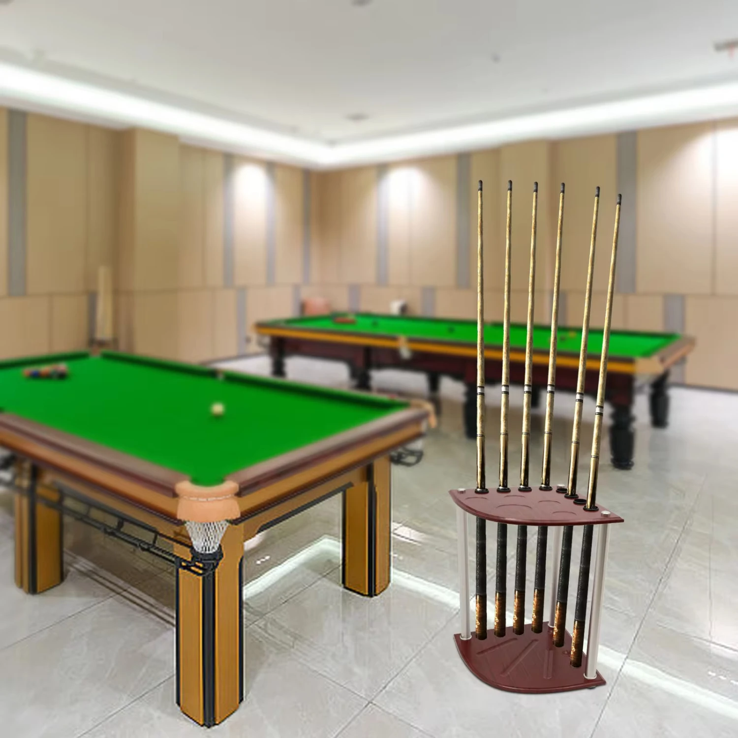 8 Hole Fan-Shaped Vertical Billiards Club Rack Reddish Brown Wood Pool Cue Rack Stick Ball Floor Stand Modern Style Rack