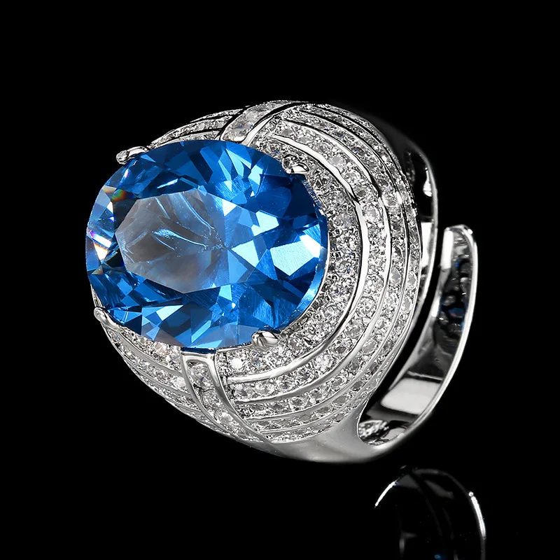 

New jewelry with copper base, gold-plated, blue spinel, simple and stylish ring, main stone 12*16