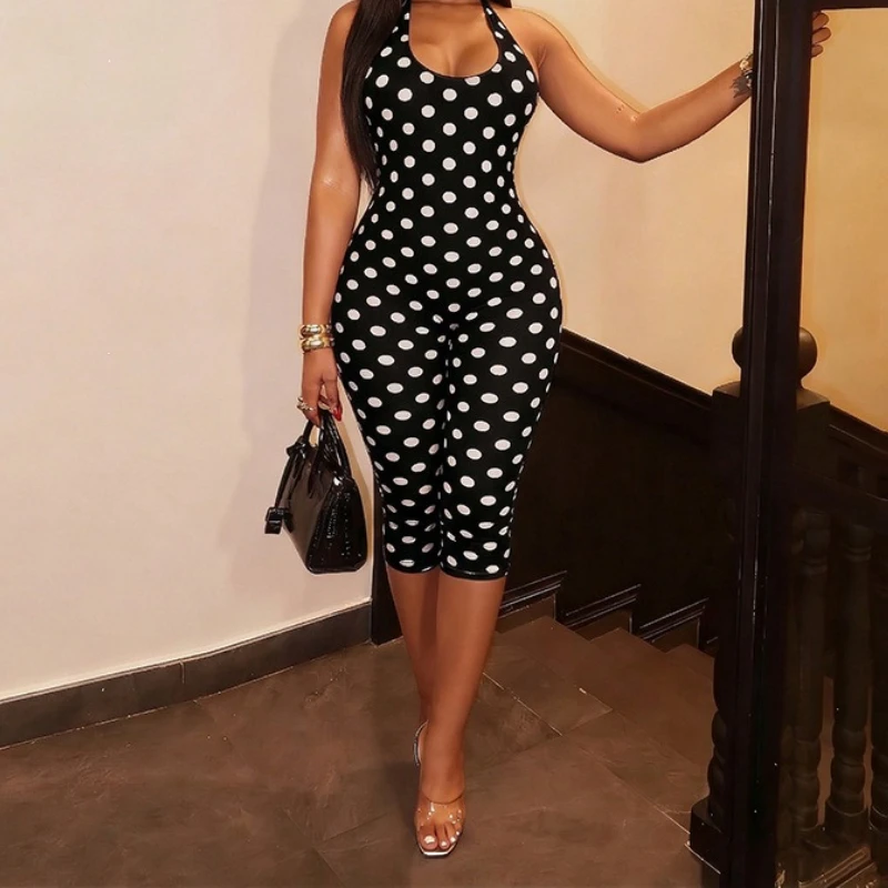 European and American Clothing Summer New Style Polka Dot Print Sleeveless Halter Neck Strap Slim Cropped Trousers Jumpsuit