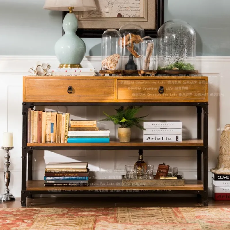 Solid Wood Kitchen Storage Cabinet Vintage Drawer Counter Low Shelf Container Bucket Locker Dining Side Table Furniture