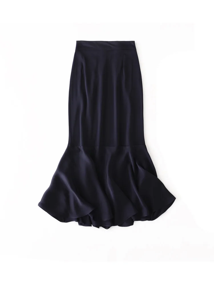 SuyaDream Mermaid Skirt for Woman 93%Silk 7%Spandex Elastic High Waist Solid 2022 Spring Summer Long Chic Skirts Black Navy