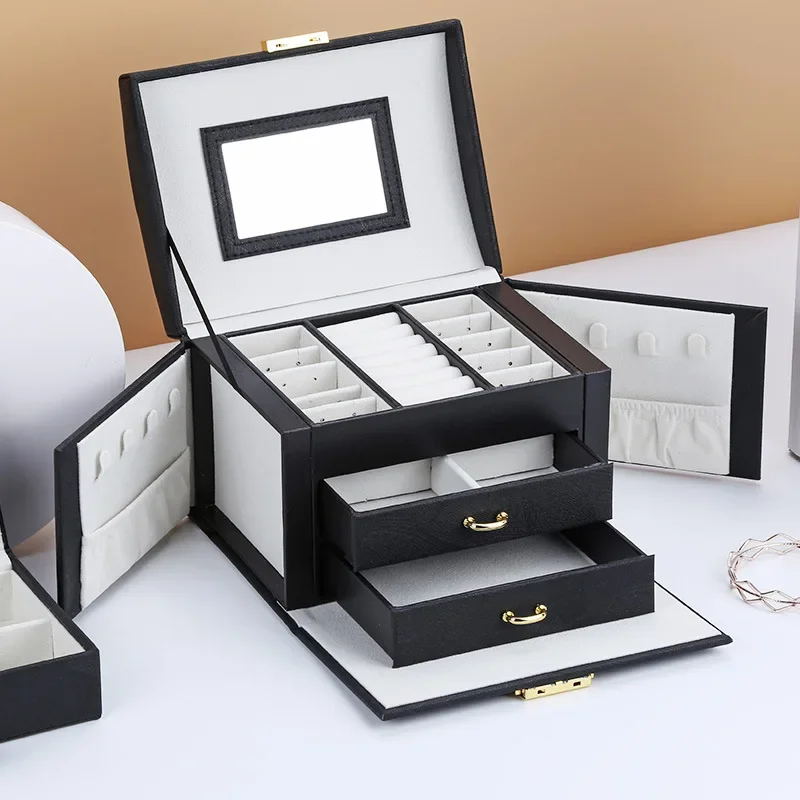 High Quality 3 Layers Simple Leather Jewelry Display Generous And Portable Silk Necklace Box Earrings Ring  Organizer Watch Box