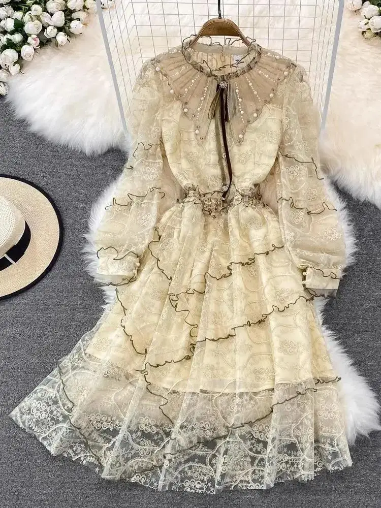 

Women's Beading Pearls Long Sleeve Floral Tulles Mesh Dresses Spring Summer Elegant Flower Embroidery Evening Party Vestidos