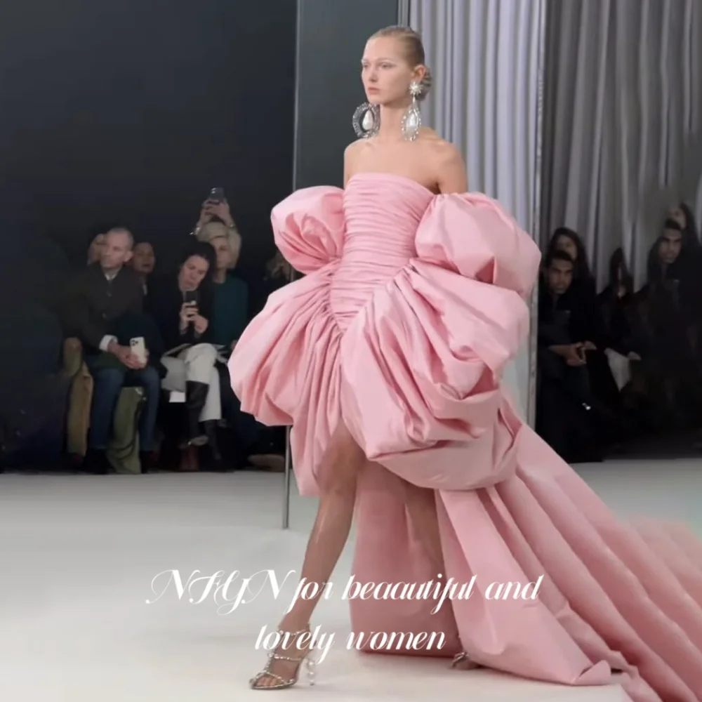 

NFYN Pink Elegant Prom Dresses Puff Sleeves Backless Prom Gown Pleating Short Front and Long Back Evening Dresses Customized