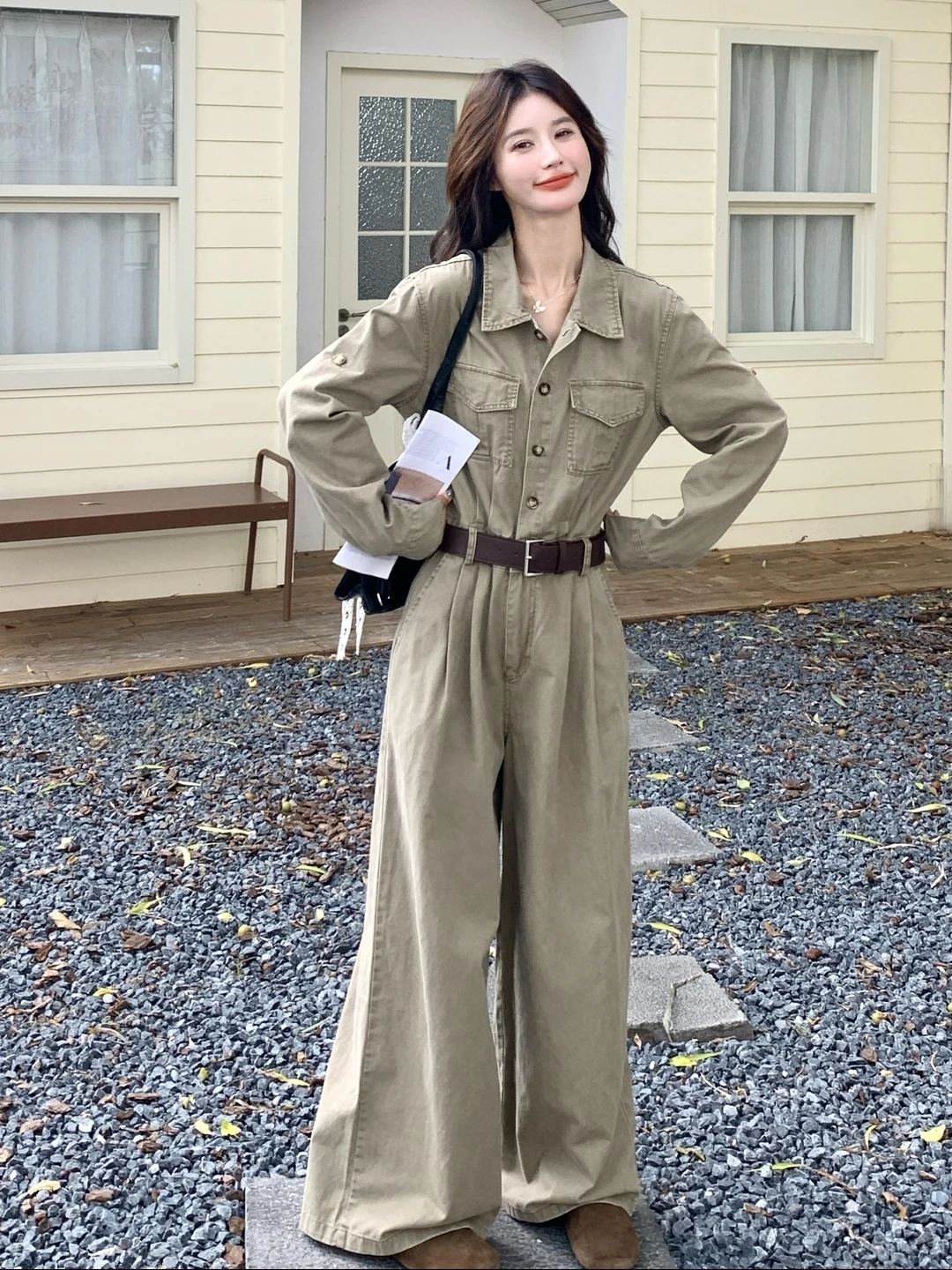 

Стильный ретро-комбинезон в гонконгском стиле с высокой талией и широкими штанинами, модные длинные брюки в корейском стиле с эффектом похудения