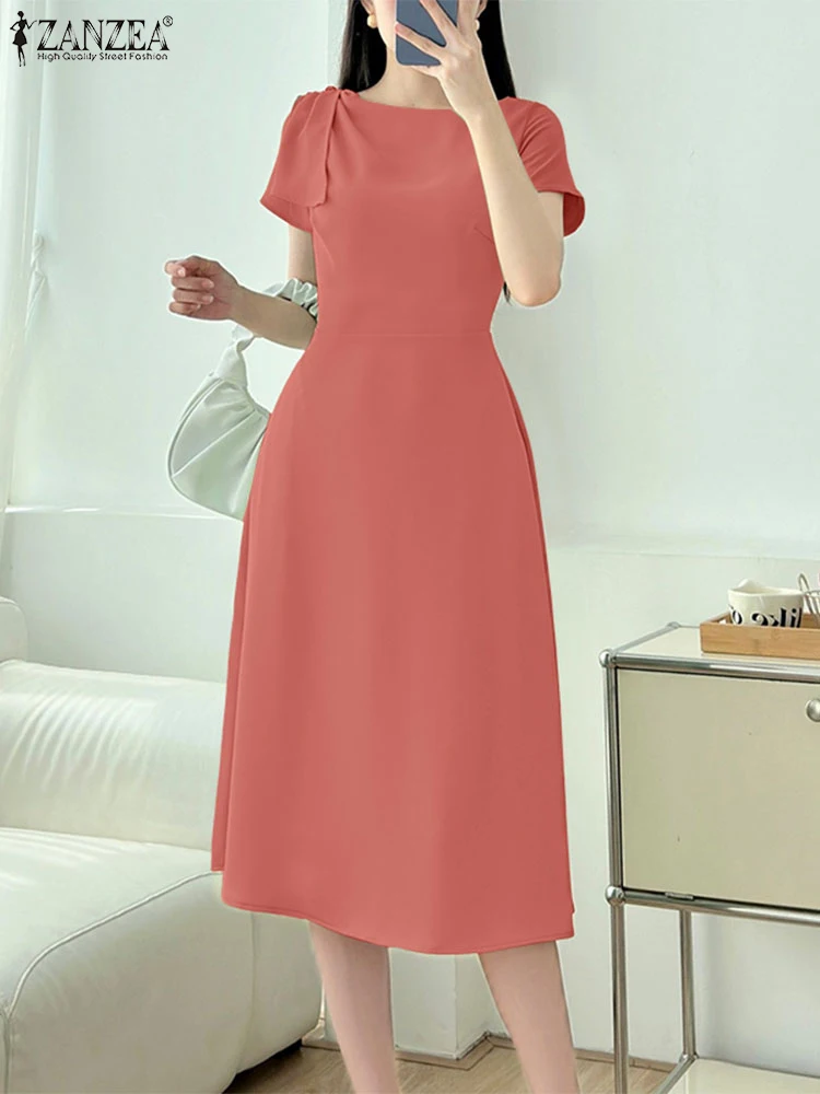 ZANZEA-Vestidos por debajo de la rodilla para mujer, vestido elegante con cuello redondo y diseño de cinta, manga corta, cintura alta, corte en A