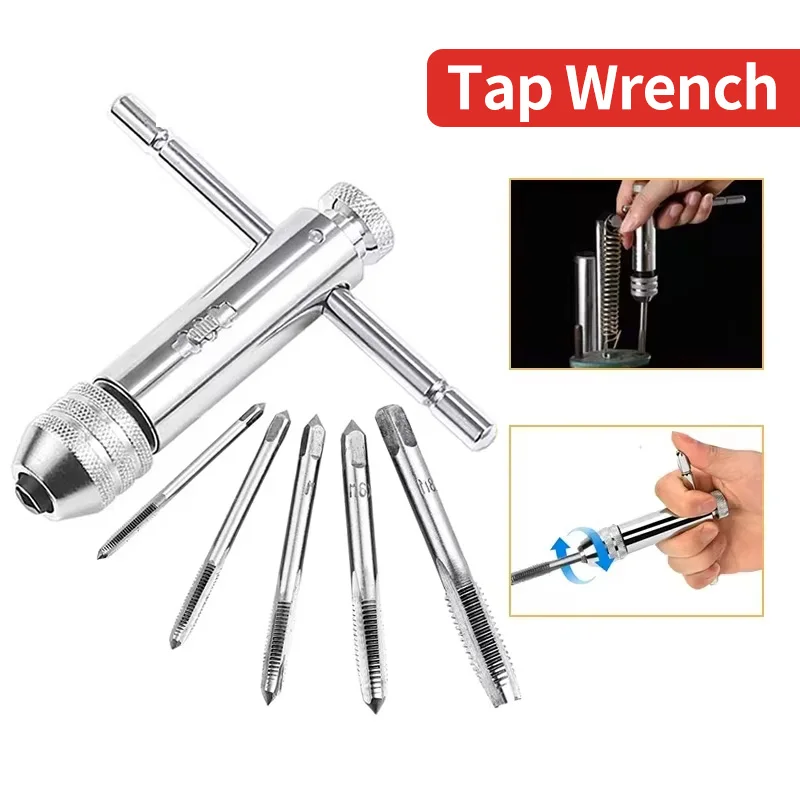 Adjustable M3-M8 T-Handle Ratchet Tap Holder Wrench Tap Wrench Drill Set Hand Tapping Tools Screw Thread Tap Drill Bit