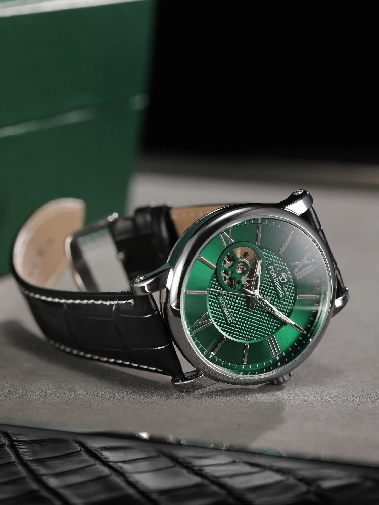 FORSINING Automatische Herrenuhr mit großem Gehäuse, offener Herzform, mechanisches Uhrwerk, elegantes Lederarmband, Business-Armbanduhr, Geschenk für Ihn