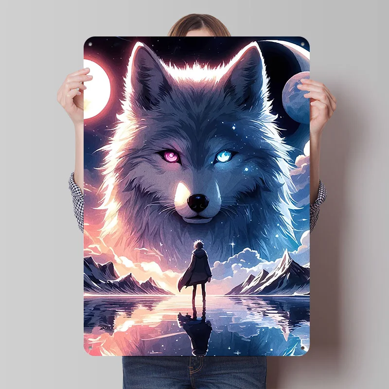 Riesiger Wolf und Einsamer Mann Metallposter Individuelle Wandkunst Retro Vintage Blechschilder für Männerhöhle Schlafzimmer Dekoration Gaming Zuhause