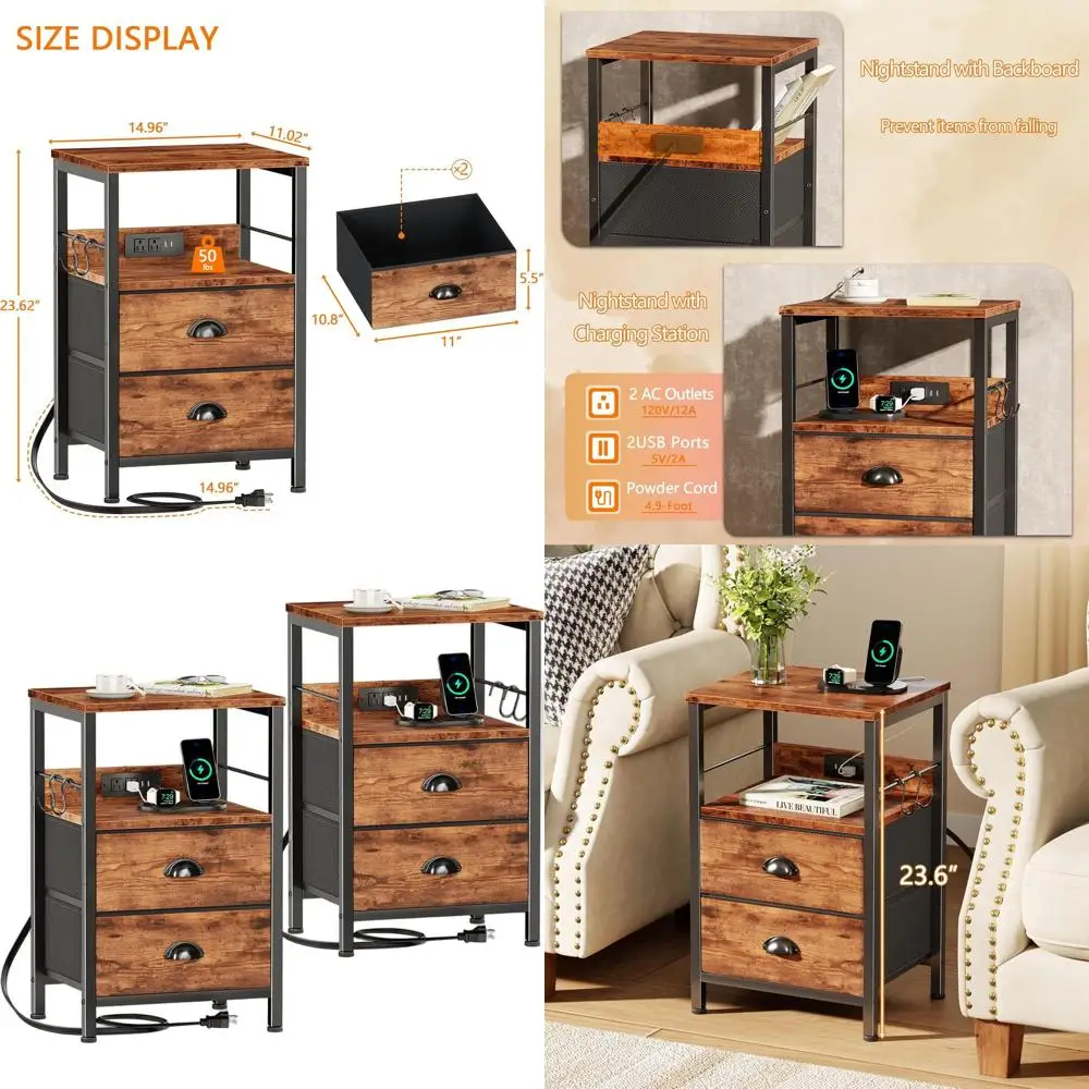 

Пара прикроватных тумбочек в деревенском стиле, коричневого цвета, с зарядной станцией, USB-портами, тканевыми ящиками, полкой для хранения и крючками для спальни или гостиной