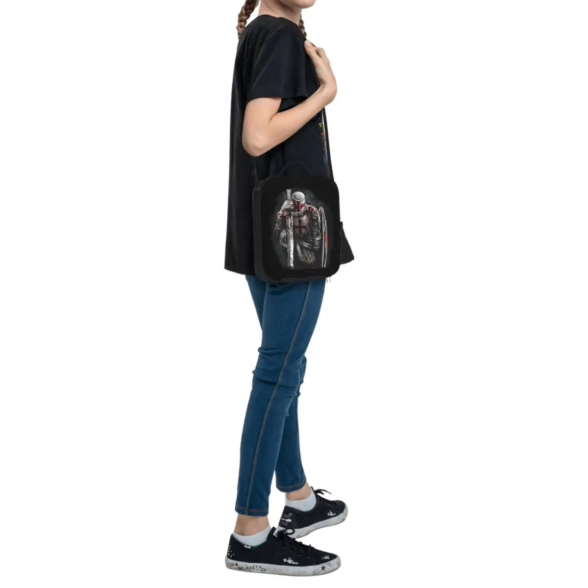 درع الصليب القرون الوسطى المحارب السيف فرسان تمبلار معزول حقيبة الغداء الشجعان الوردية الصليبية المحارب المحمولة برودة علب الاغذية