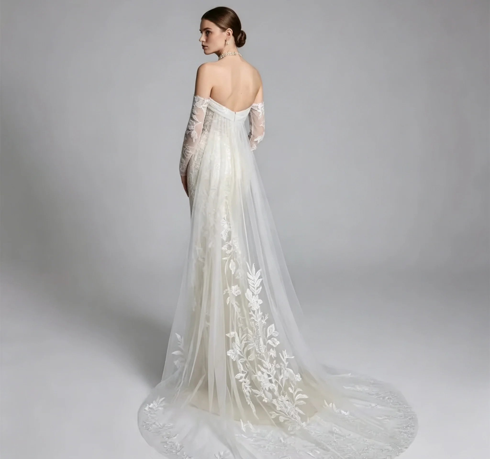 Off Shoulder Long Sleeve Lace Mermaid Wedding Dress Elegant Boat Neck Floral Embroidery Sheath Bridal Gown With Long Train Custo