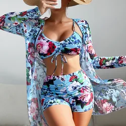 Conjunto de biquíni sexy estampado para mulheres, maiô feminino, moda praia, push up, biquíni de três peças, roupa de banho de verão 2024