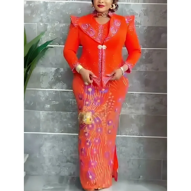 

2 PCS Sets African Clothes for Women Dashiki Sequin Evening Gown Plus Size Wedding Party Long Dresses with Coat 2026 Outfits