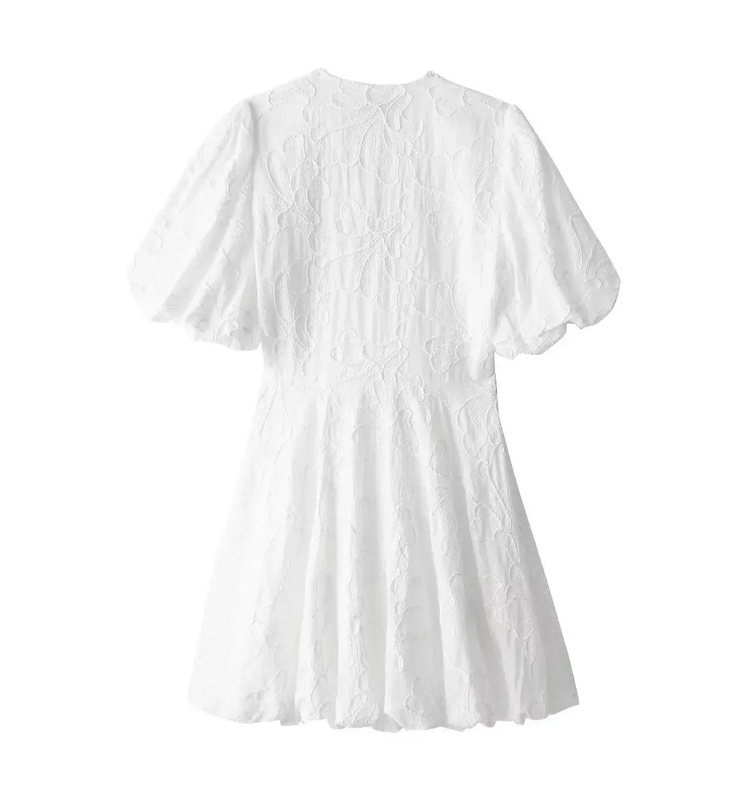 2024 New Women Fashion White Embroidery Short Sleeved Dress Female Summer Elegant V Neck Mini Dresses Beach Party Dress
