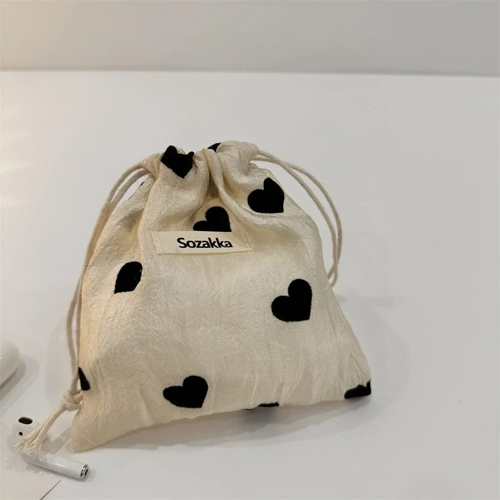 Champagne Love Drawstring Bag Pastoral Literary Style Polyester Vintage Drawstring Pocket Coin Purse Pull Rope Pouch