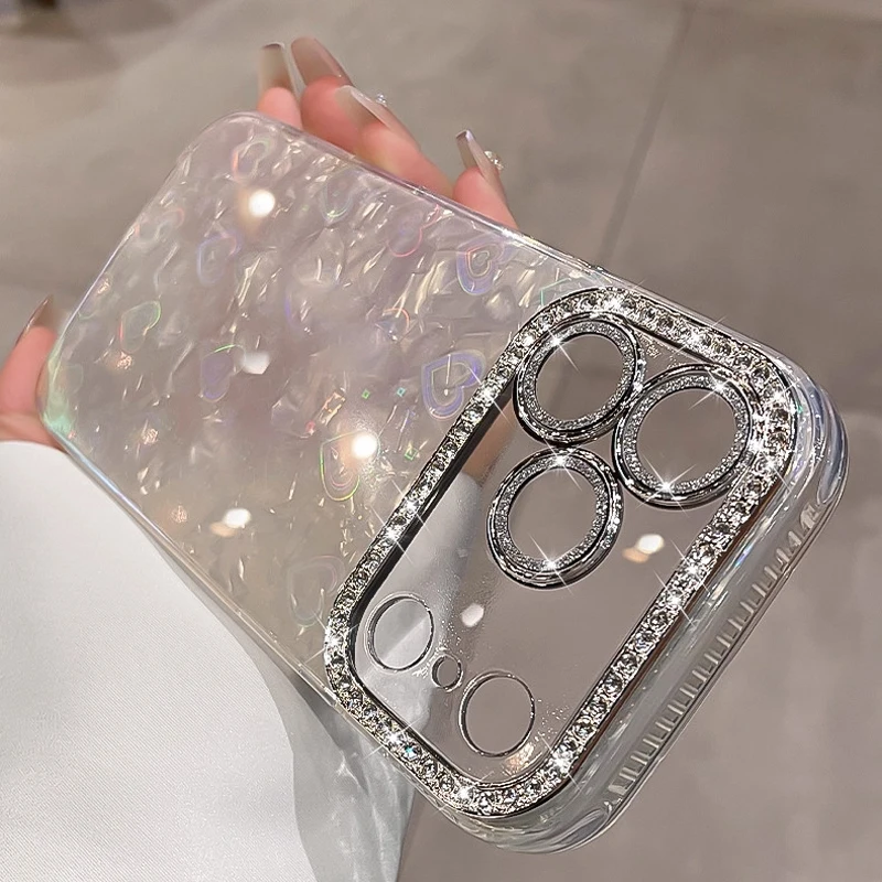 Love Laser Shell Muster Handyhülle für iPhone Air 17 16 15 13 12 Pro Max 14 Plus 11 13Pro Damen Mädchen Diamant-Linsenfilm-Cover