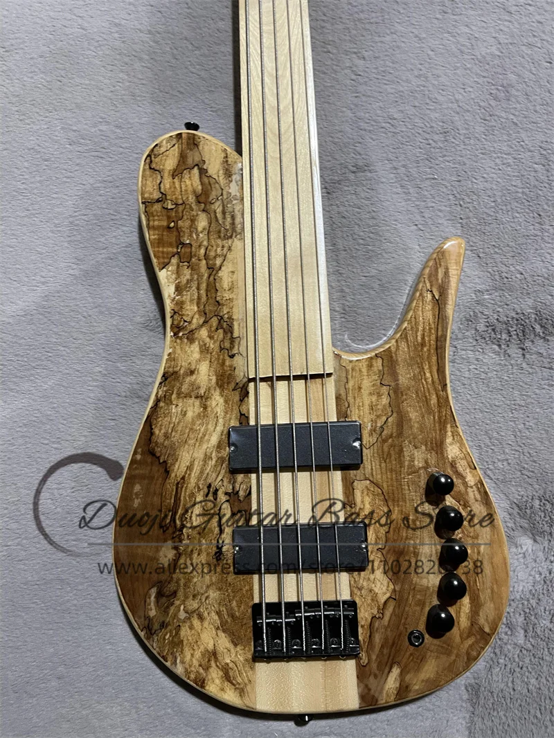 5 Strings Lessfrets Bass Guitar Fode Bass Maple Neck Though ASH Wood Body Burl Maple Top 24 Frets Active Battery