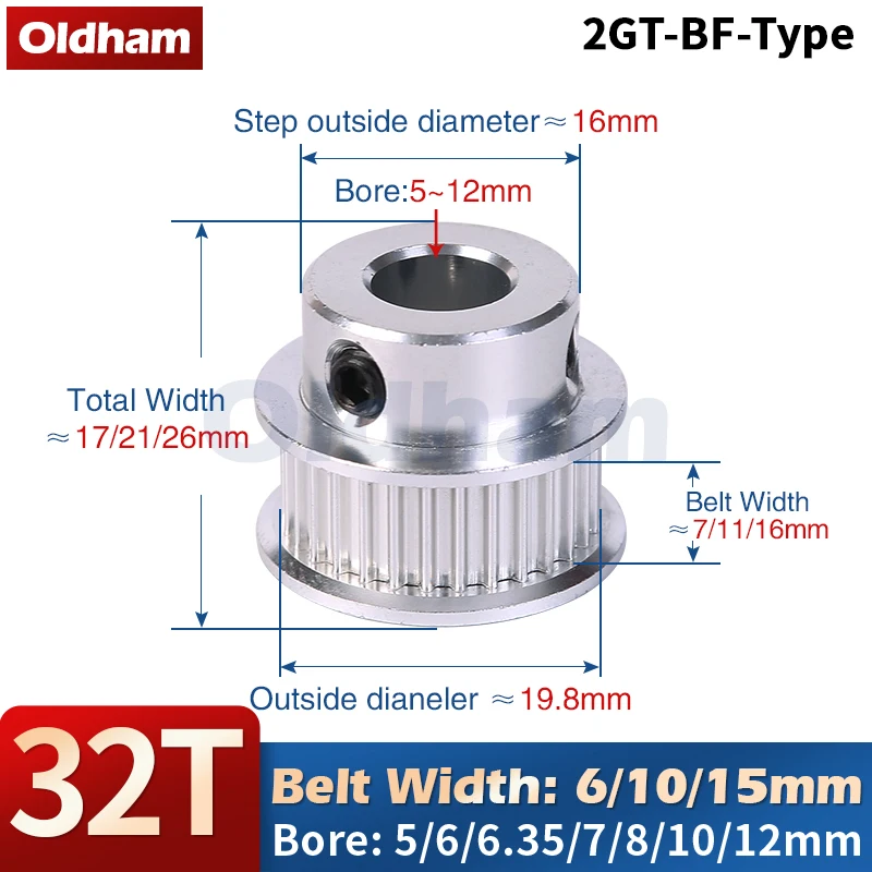 

32 teeth 2GT Timing Pulley Bore 5mm 6/6.35/7/8/10/12mm for GT2 Open Synchronous belt width 6/10/15mm Small backlash 32Teeth 32T