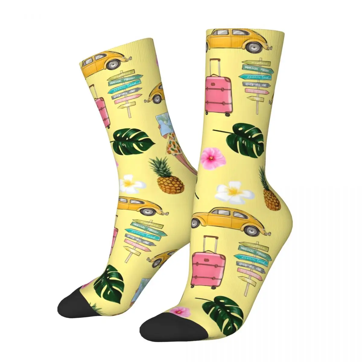 Retro Summer Tropical Travel Inspired Fashion Girly Pattern Design 2 Men's compression Socks Unisex Street Style Crew Sock