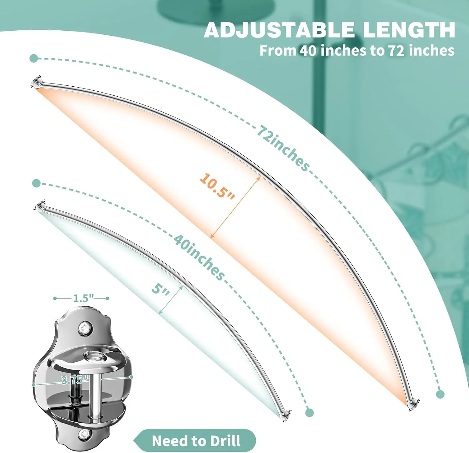 Curved Shower Curtain Rod, Adjustable 40-72 Inches Extra Wide for Bathroom, Stainless Steel Rustproof view 4