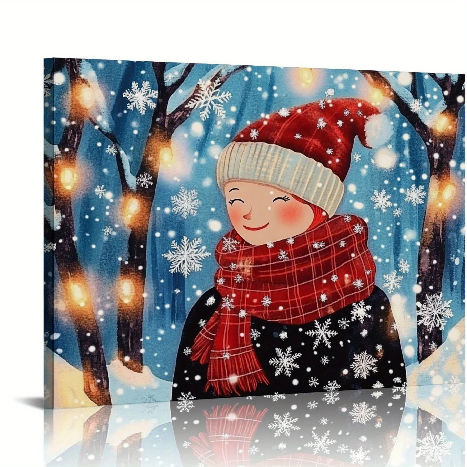 1PC Winter Warm Red Cloak Girl Mural Cute Snowy Wooden Frame in Smiling Girl Illustration Add Holiday Warmth Canvas Frame