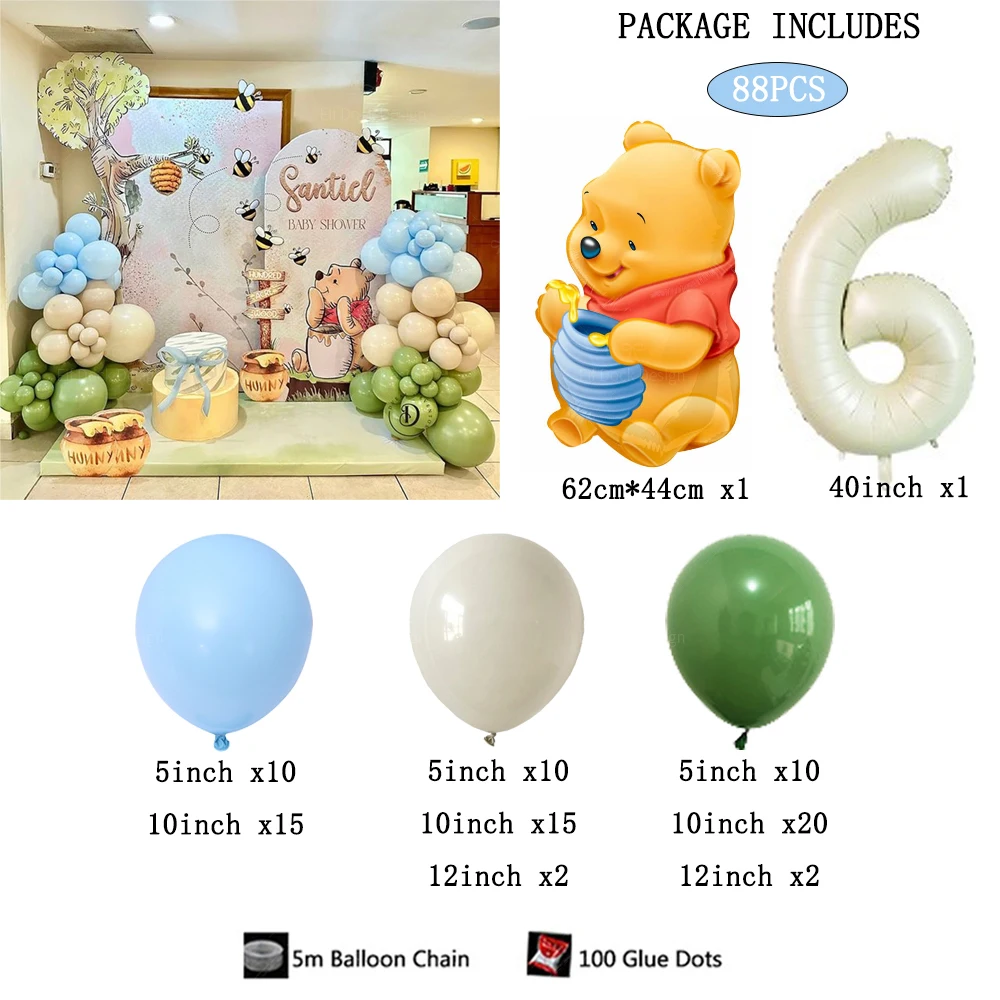 89 Uds. Globos de aluminio con tarro de abeja de Winnie the Pooh de dibujos animados, 40 pulgadas, número crema 1-9, decoración para fiesta de cumpleaños para niños, suministros para Baby Shower