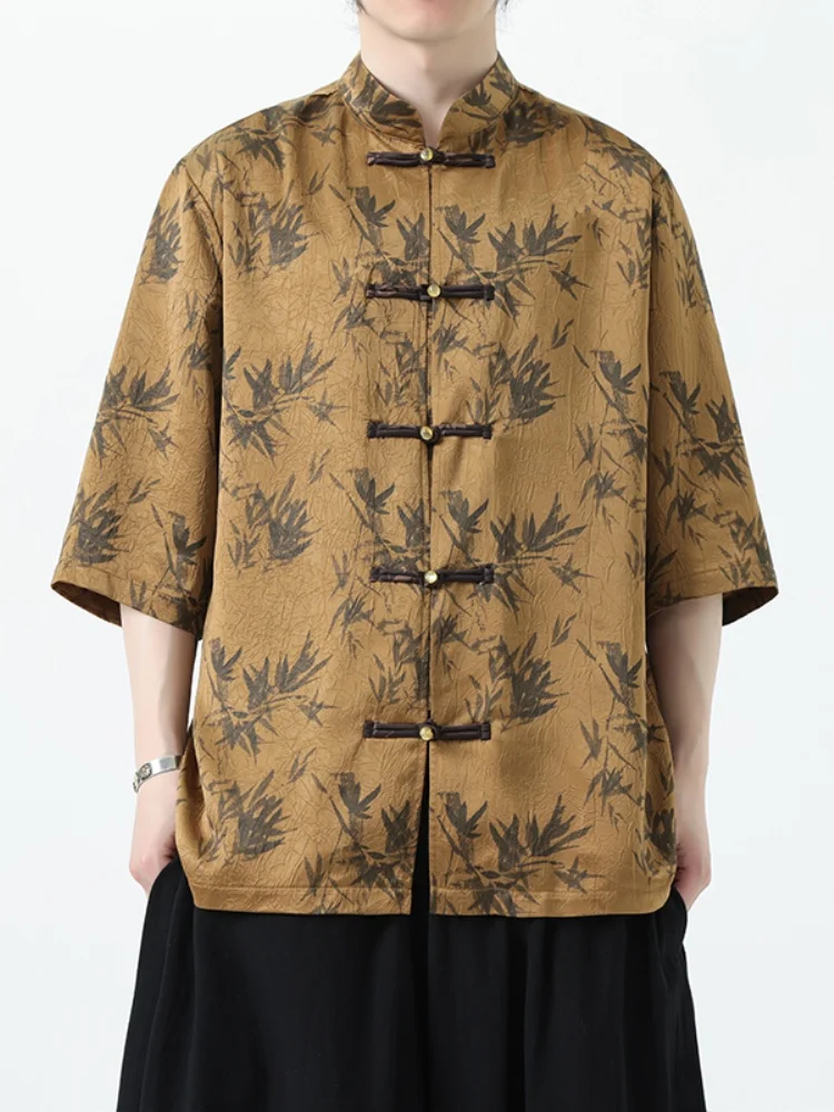 

Мужская летняя рубашка из ледяного шелка с коротким рукавом в китайском стиле Тан (Ханьфу), свободного кроя, молодежная мода