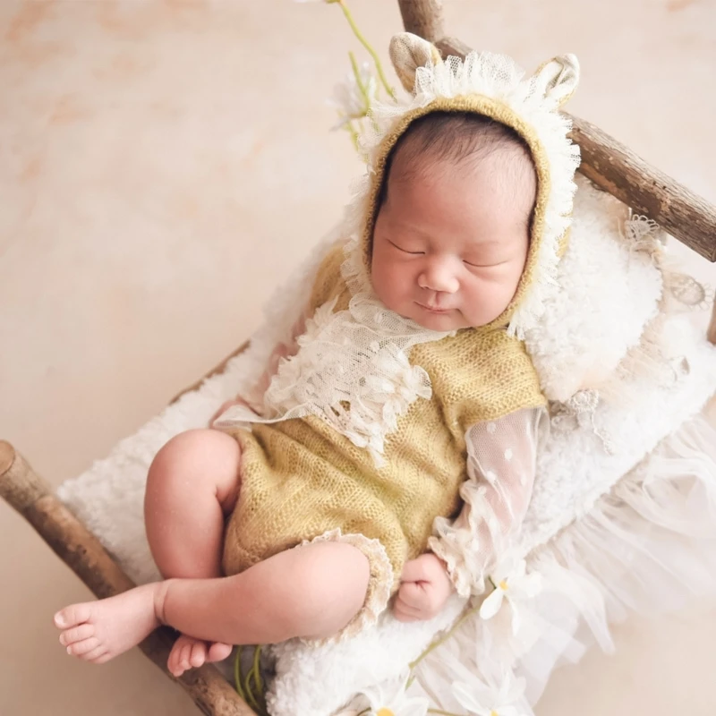 Newborn Photography Props Baby Girls Romper Outfit Lace Jumpsuit Bodysuit Headband Hat Clothes Infants Photo Shooting Clothing