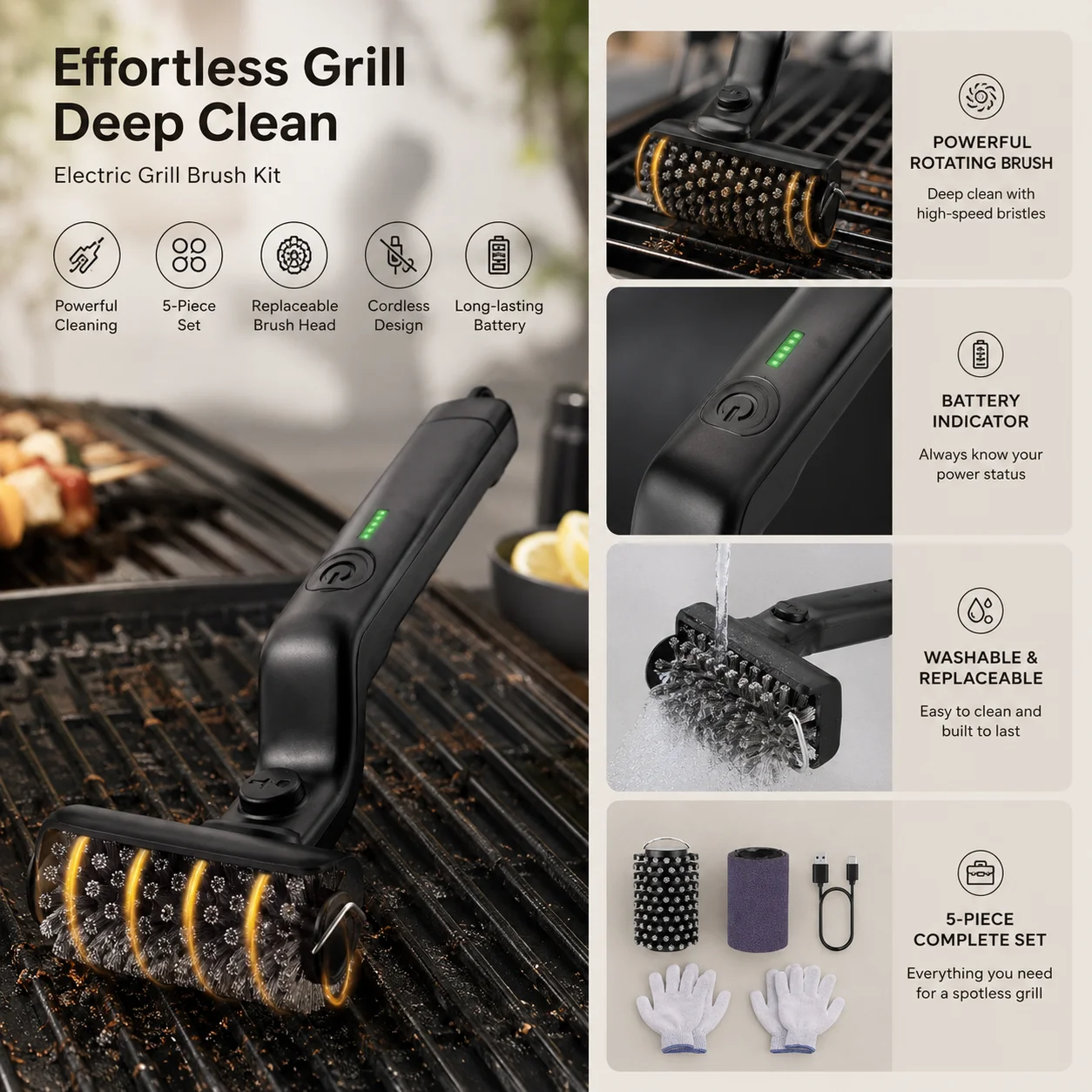Electric Grill Brush-Cordless Rechargeable BBQ Cleaner with 180° Adjustable Head,for Outdoor Stainless Steel Cast Iron Grates