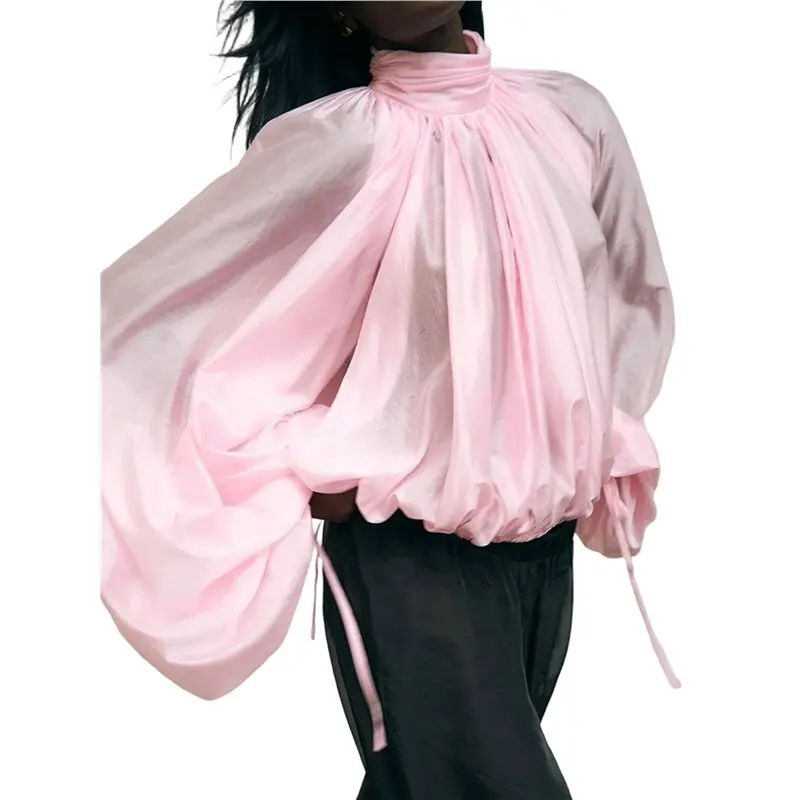

NEW-Women Semi-Sheer Fabric Ruched Mock Neck Drawstring Cuff Lantern Sleeve Cropped Bubble Hem Blouse Pink L