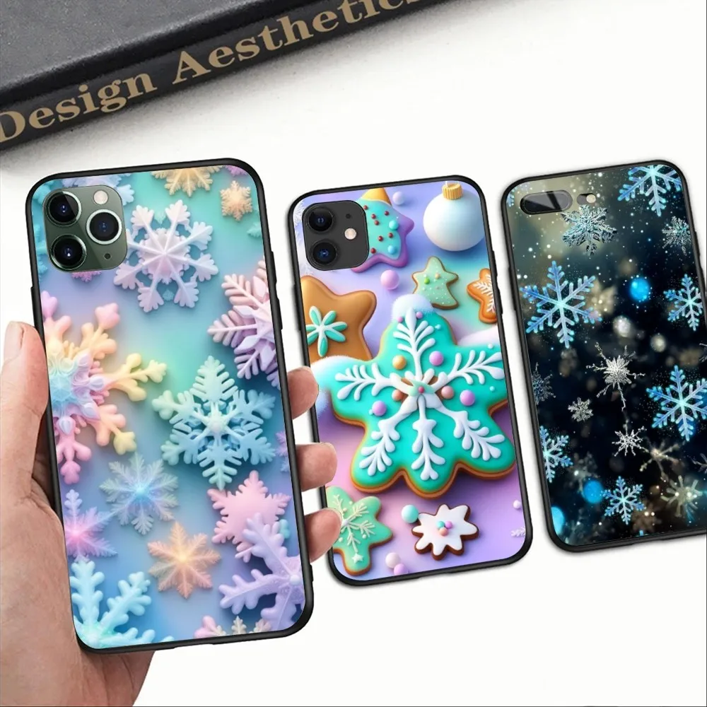 Snowflake Pretty Mobile Cell Phone Case for iPhone 15 14 13 12 11 XS X 8 7 6 Plus Mini Pro Max SE 2022 Black Phone Cover Funda