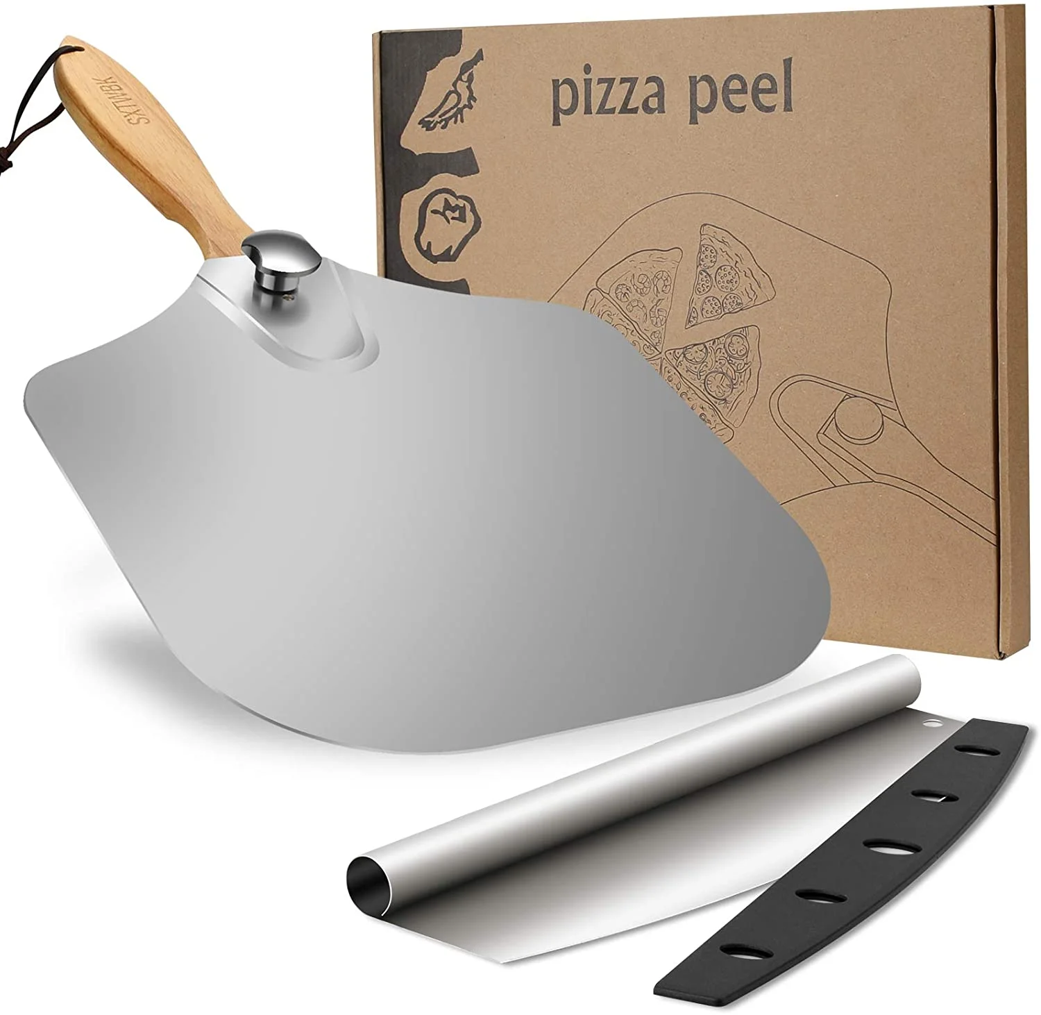 For Stainless Steel Kitchen Pizza Transfer Peeling Shovel with Foldable Handle Oven Accessories with Wooden Handle Cutter